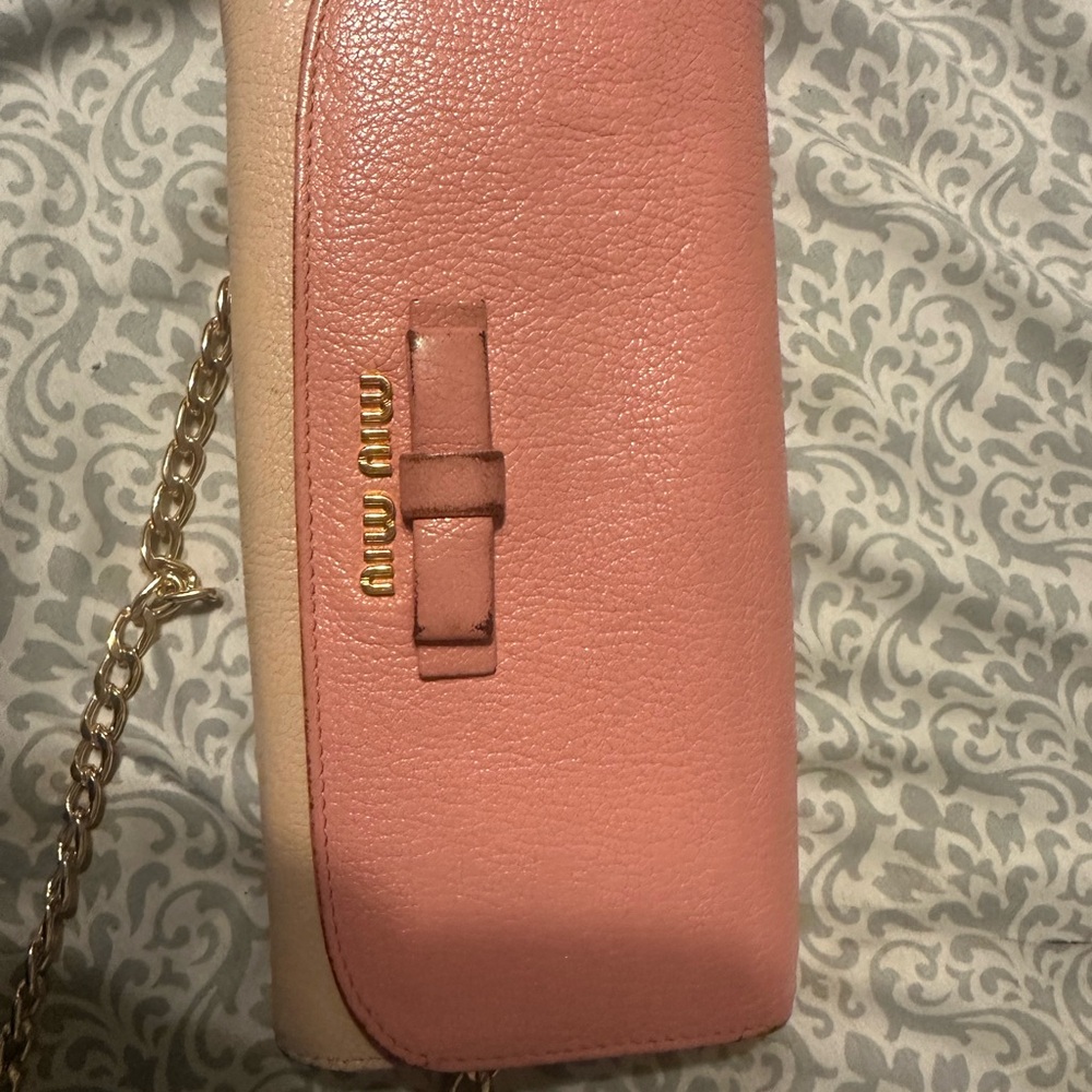 Miu Miu Pink and Cream Clutch with Signature Bow Detail